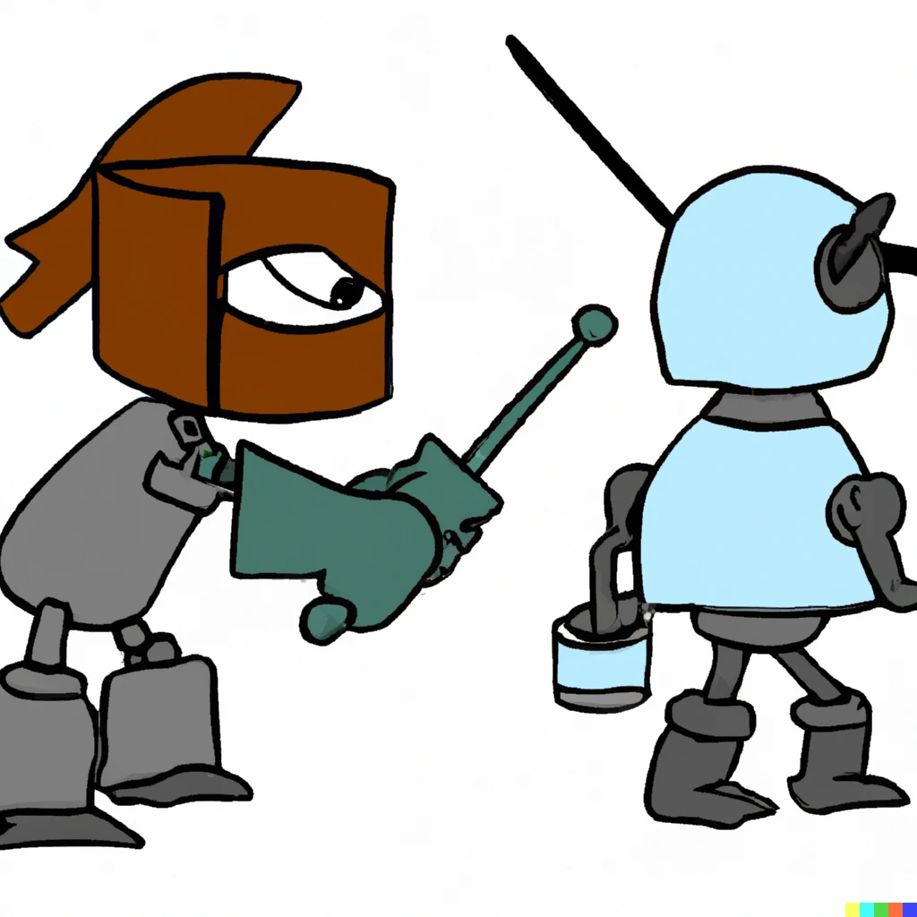 Prompt: A cartoon of a robot making assasin robots