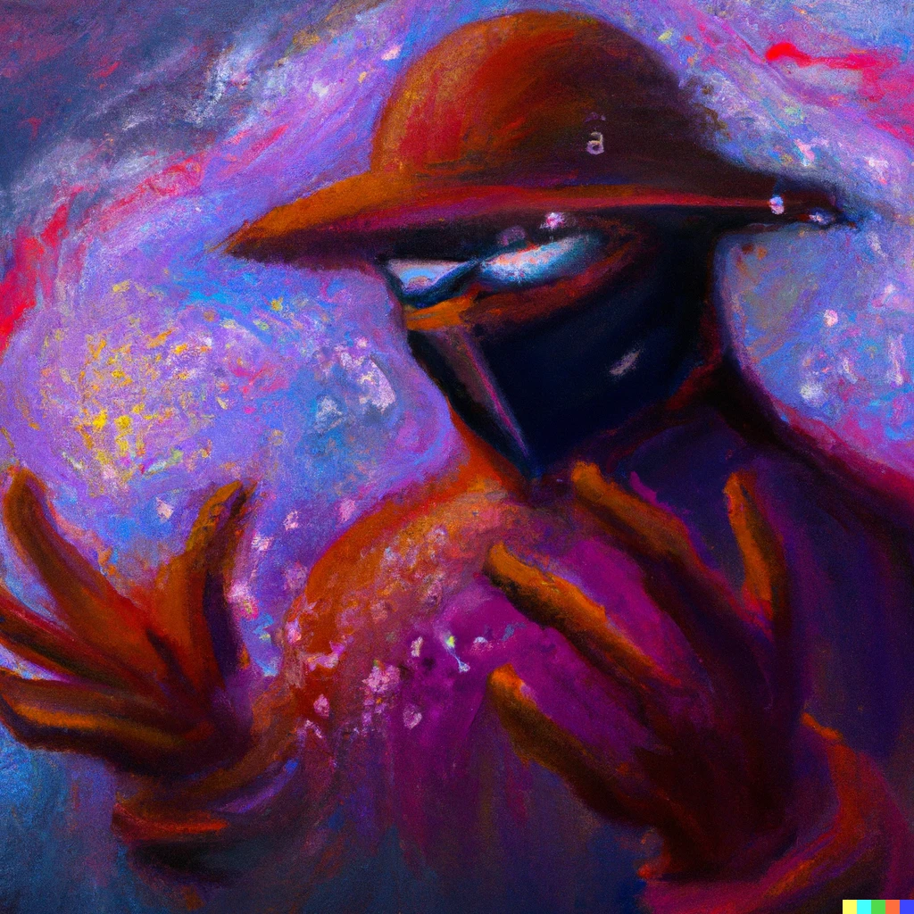 Prompt: An expressive oil painting of a hacker, hacking a nebula explosion