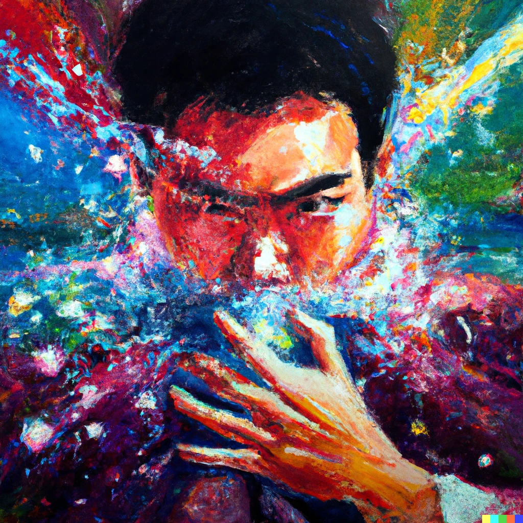 Prompt: An expressive oil painting of a hacker, inside an colorful explosion of a nebula