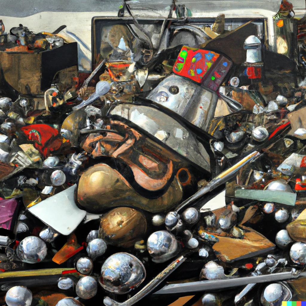 Prompt: Piles of Shiny Junk at the Art Dump as a painting by Hieronymus Bosch