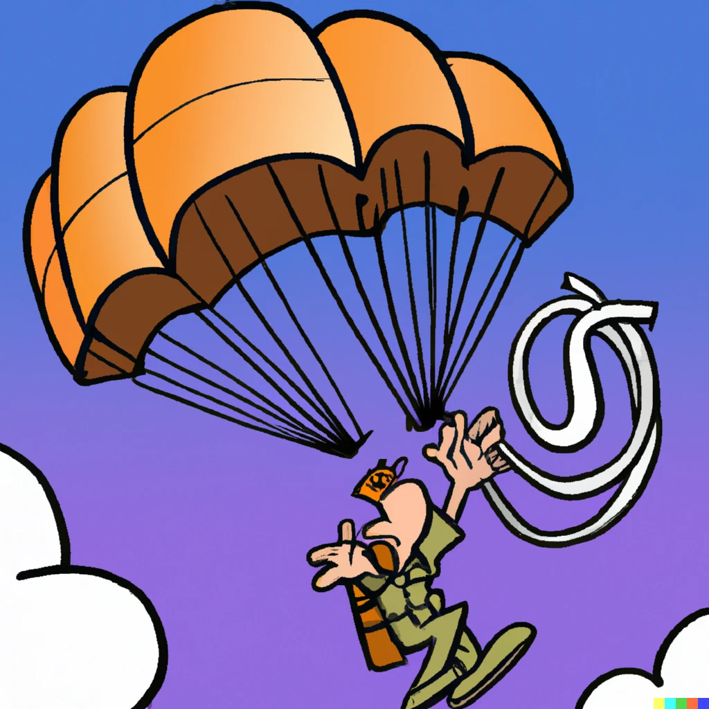 Prompt: Cartoon of sewing together a parachute in mid-air