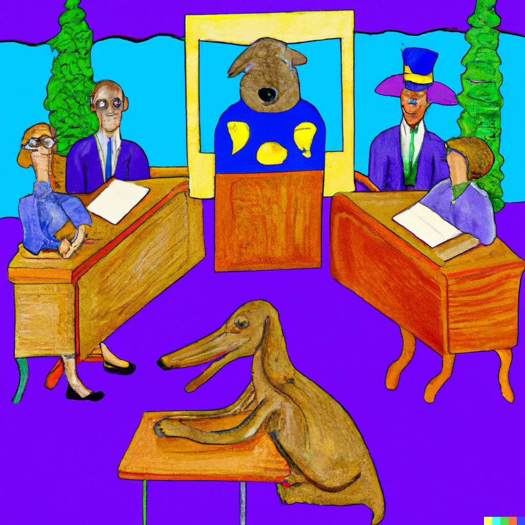 DALL·E 2 | A courtroom presided over by three kangaroos, with a Grizzly ...