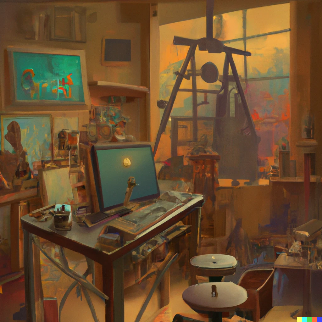 Prompt: The artist’s studio in 2050, photorealistic style 
