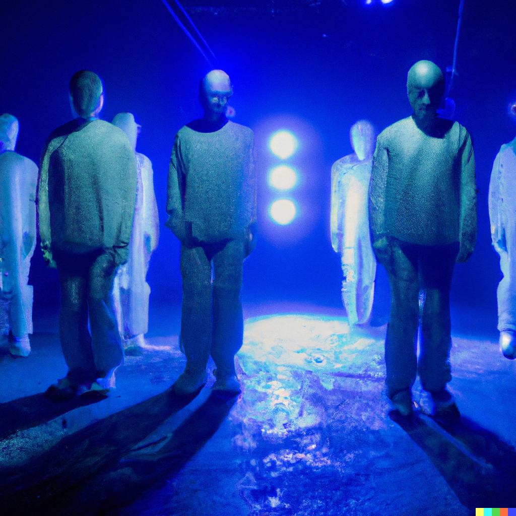 DALL·E 2 | The lights dim as a group of AI beings take the stage. They ...