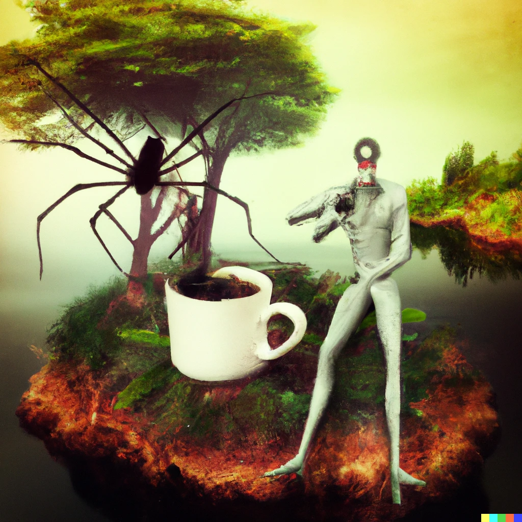 Prompt: a cyclops having tea with a spider on a very small island