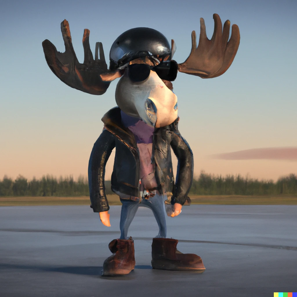 Prompt: A photorealistic anthropomorphic moose wearing aviator helmet with a leather jacket, blue jeans and black boots standing on an empty airfield in the evening