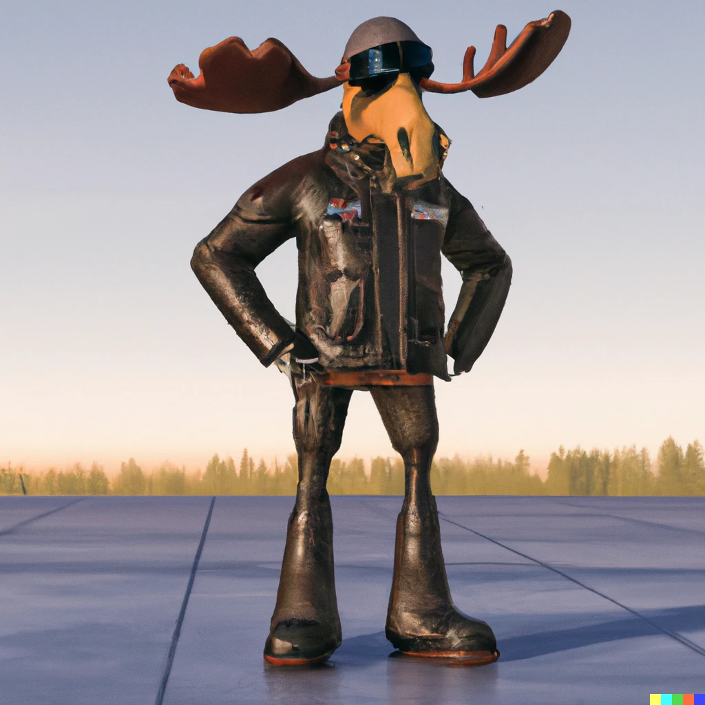 Prompt: A photorealistic anthropomorphic moose wearing aviator helmet with a leather jacket, blue jeans and black boots standing on an empty airfield in the evening