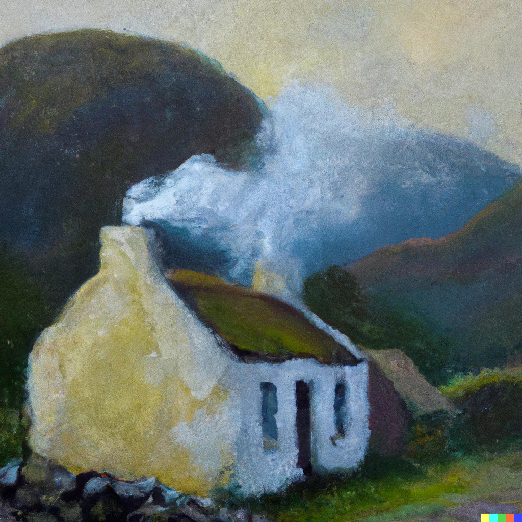 Prompt: An impressionist painting of an old Irish Cottage with smoke coming from the top of a chimney. There are mountains in the background.