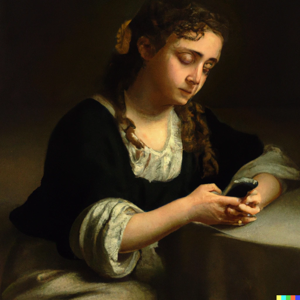 Prompt: oil painting of a teenager texting her boyfriend, beautiful lighting, Caravaggio 1580