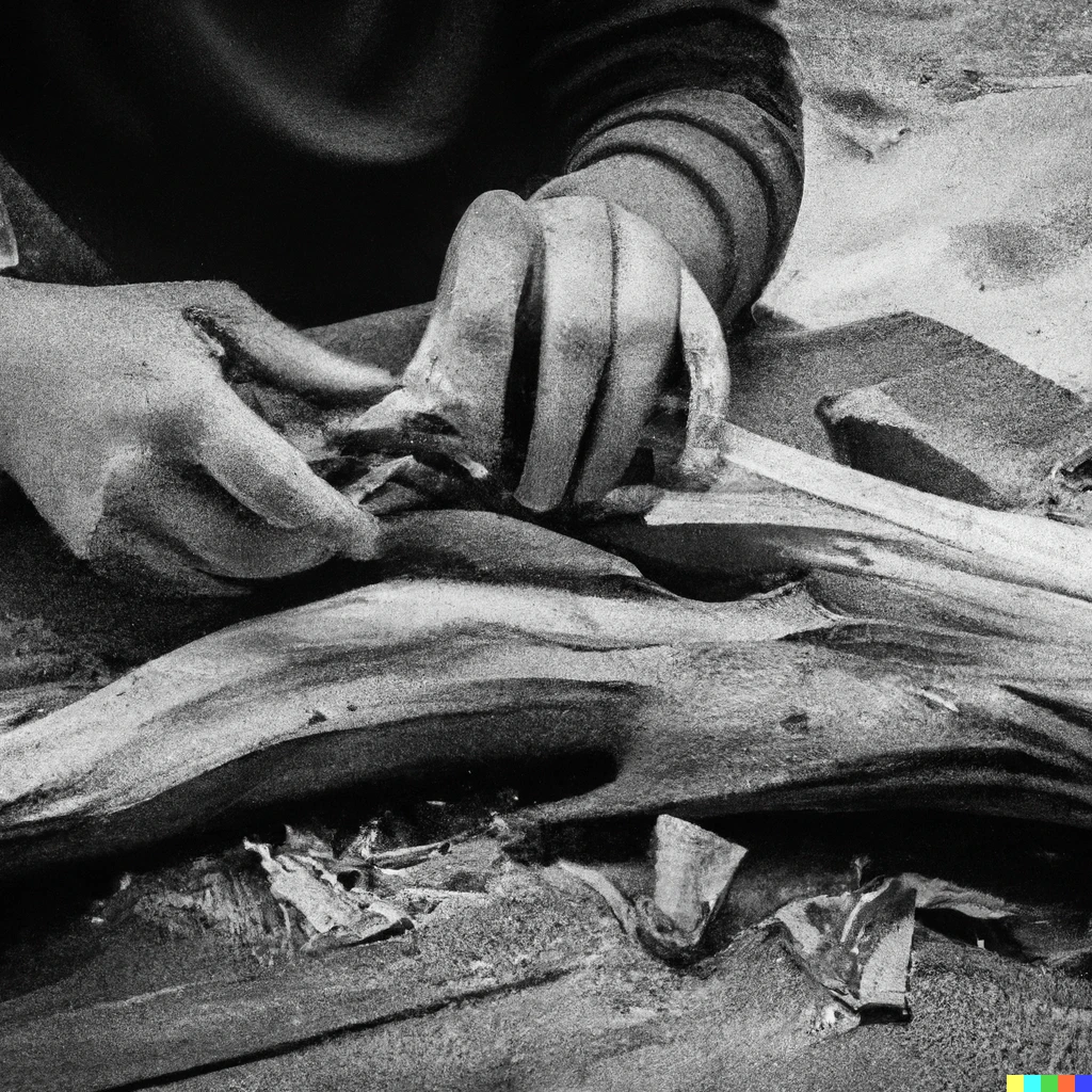 Prompt: black and white photograph of hands sculpting driftwood