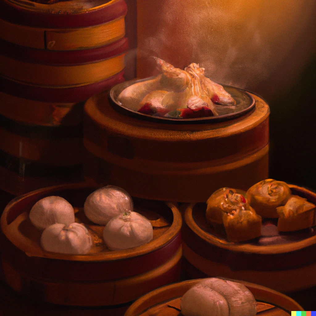 Prompt: oil painting still life of hong kong dim sum, in the style of Carvaggio with beautiful lighting
