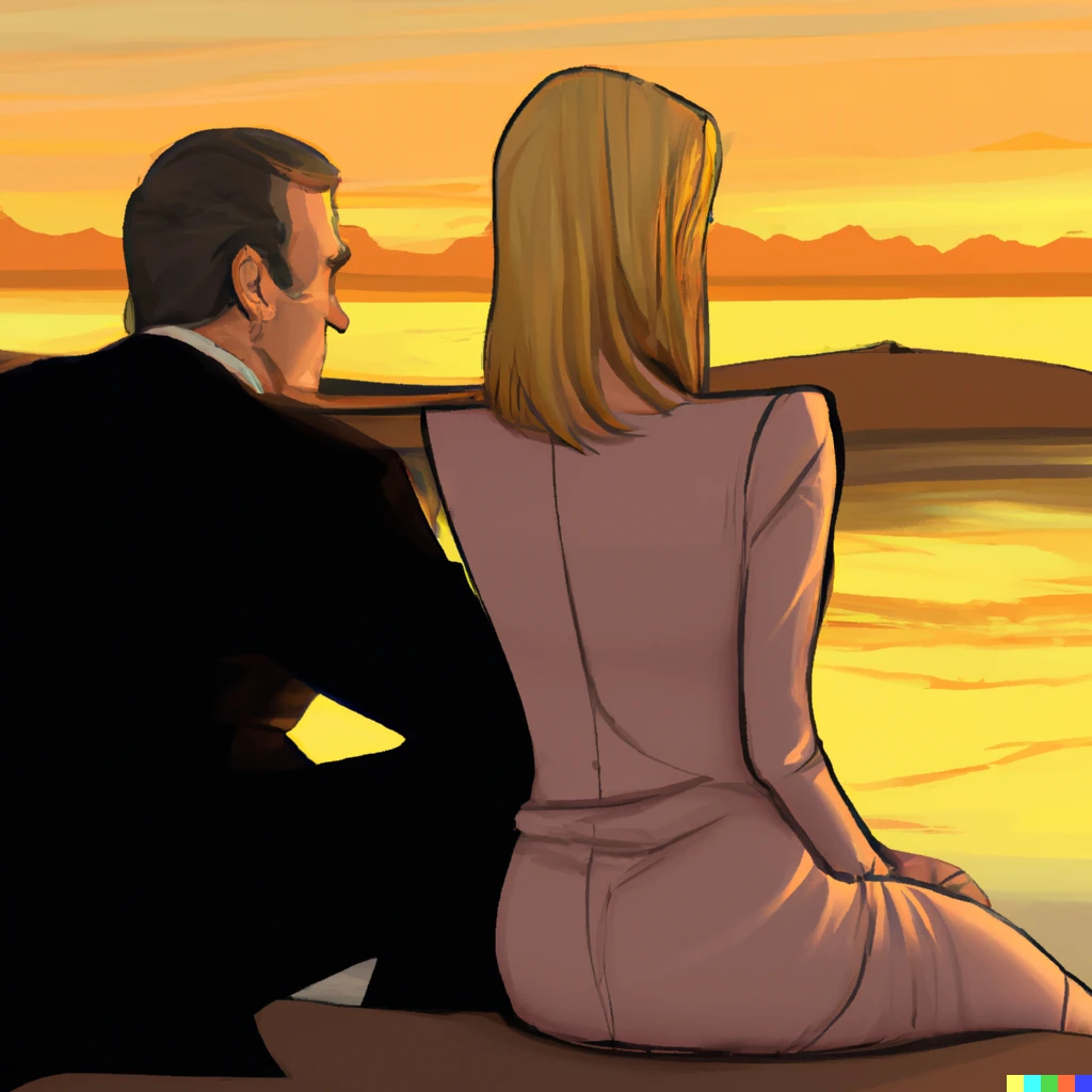 Prompt: Saul Goodman, wearing a suit, peacefully watching the sunset with Kim Wexler, wearing a dress.