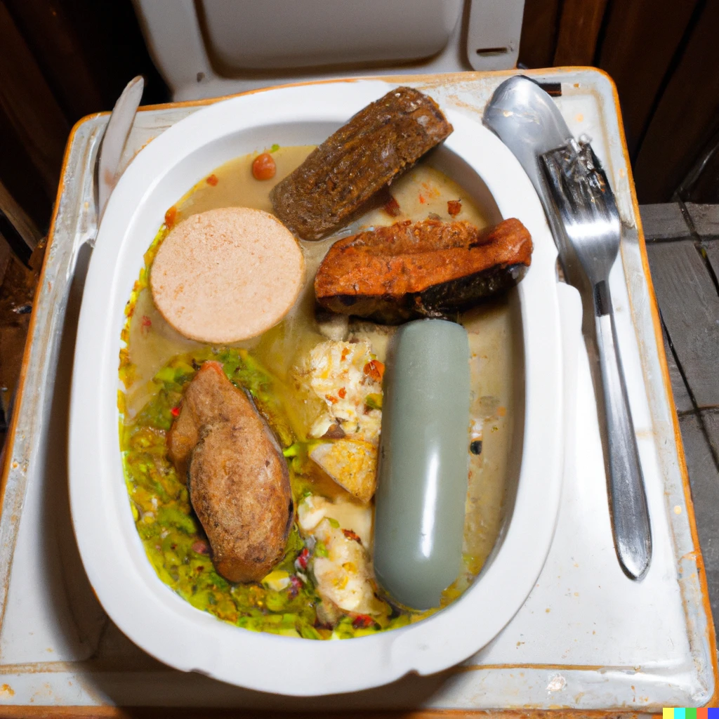 Prompt: A dirty toilet filled with very very very disgusting German food, award-winning food photography