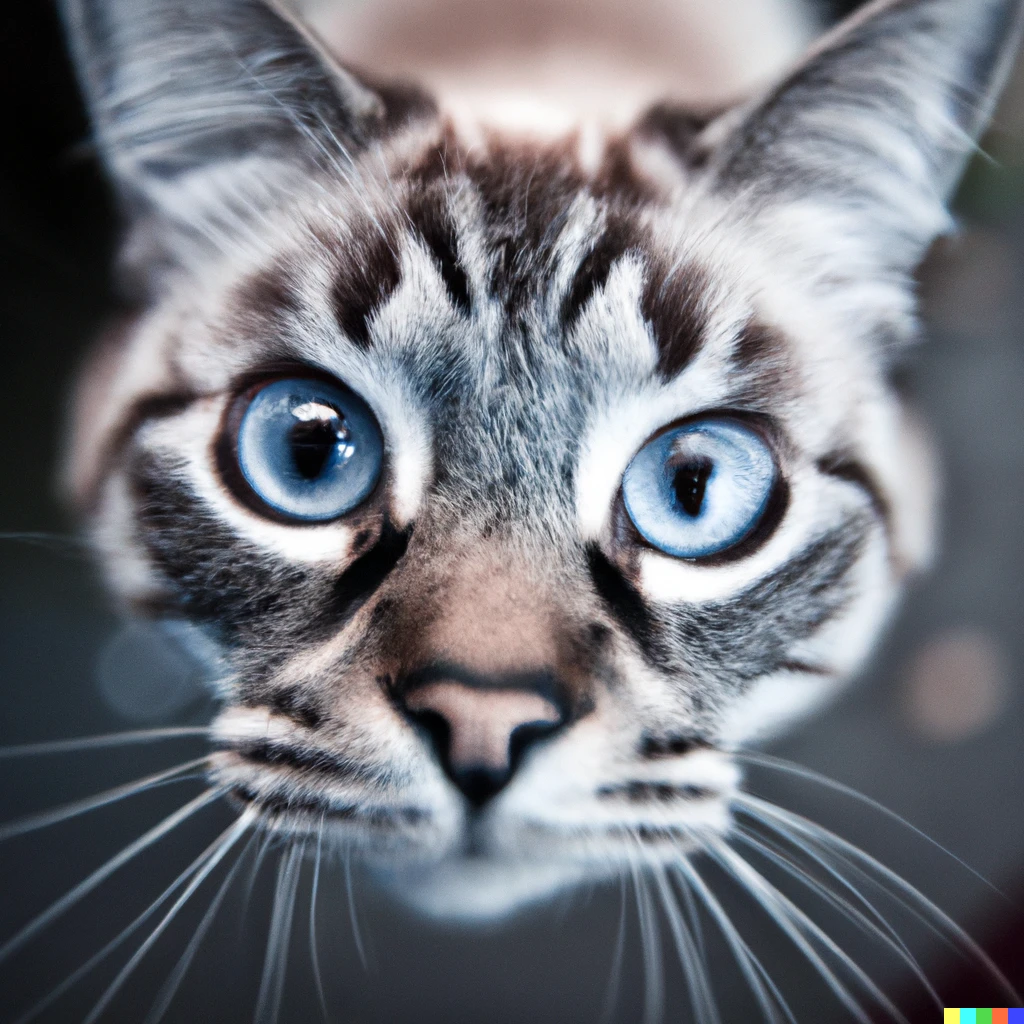 Prompt: a close up of a cat with blue eyes, a portrait by Hanns Katz, flickr contest winner, mingei, shiny eyes, fisheye lens, shallow depth of field