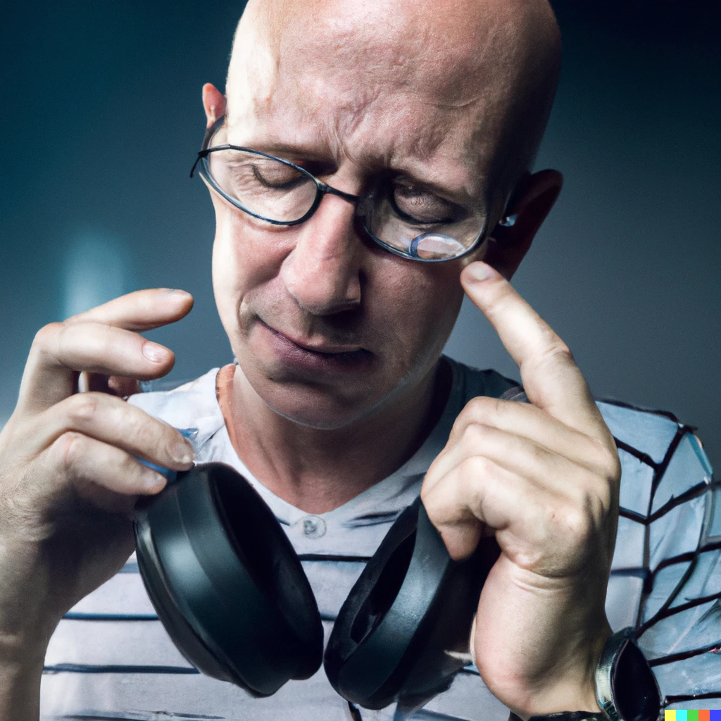 Prompt: A bald man with spectacles is reviewing a very bad sounding pair of headphones, the man dislikes the headphones! Editorial photography, from Audiophile magazine