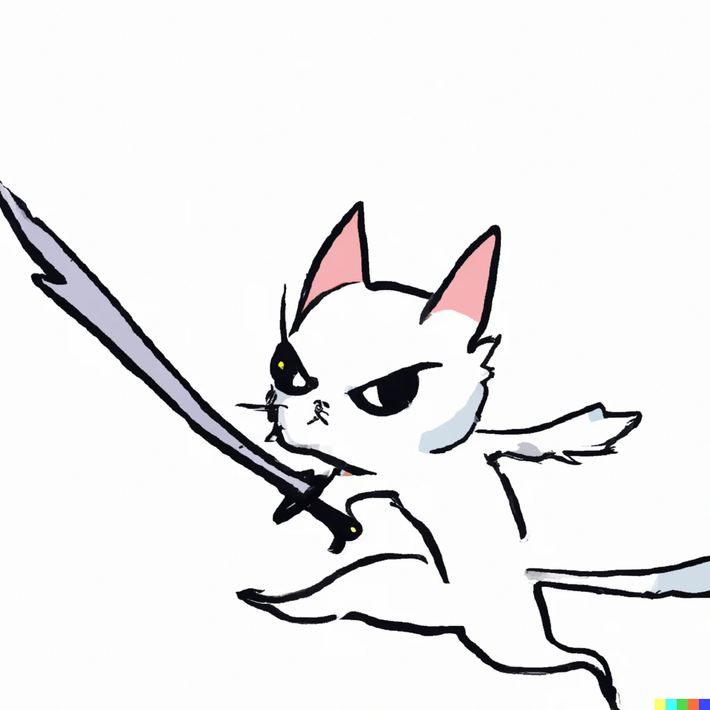 Prompt: A two-legged white flying cat with a sword, eyes are black dot, mouth open, manga style