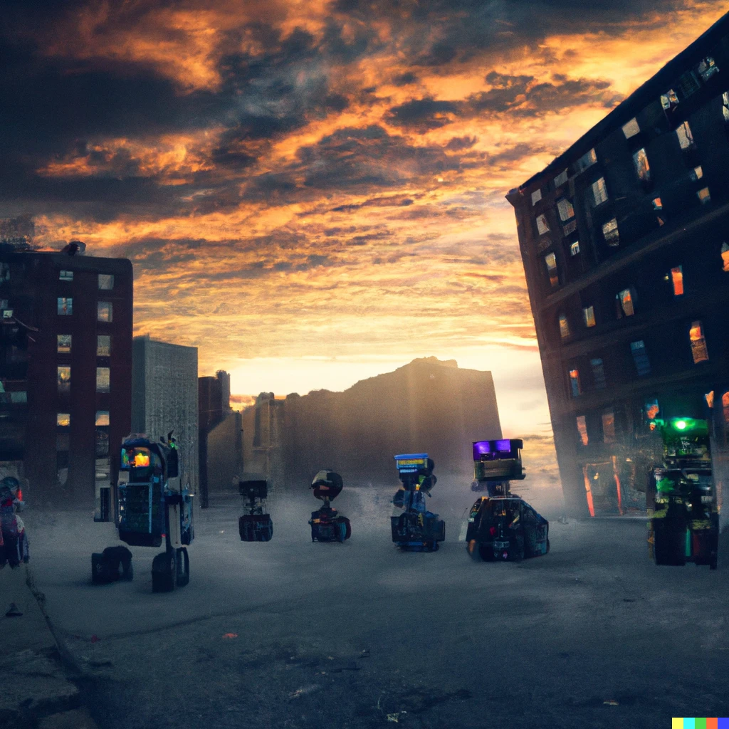 Prompt: A photograph of post apocalyptic earth taking over my robot and machines,  an army of robot parading the street of new York, ruined city building in the background, sky is orange and smoky, in wide angle shot