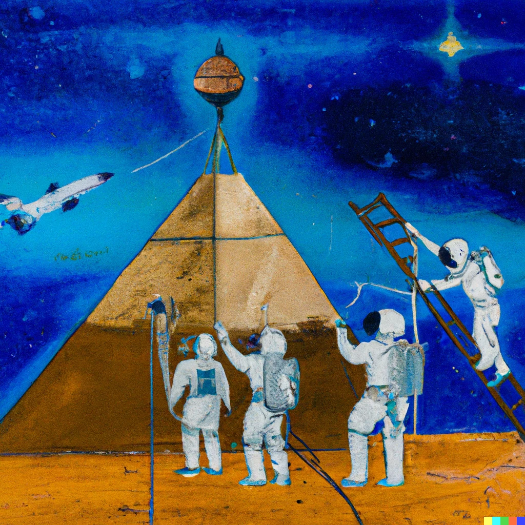 Prompt: Ancient Egyptian painting of astronauts building the replica of the great pyramid of Giza on the Mars using the alien technology with planet earth in the background sky.