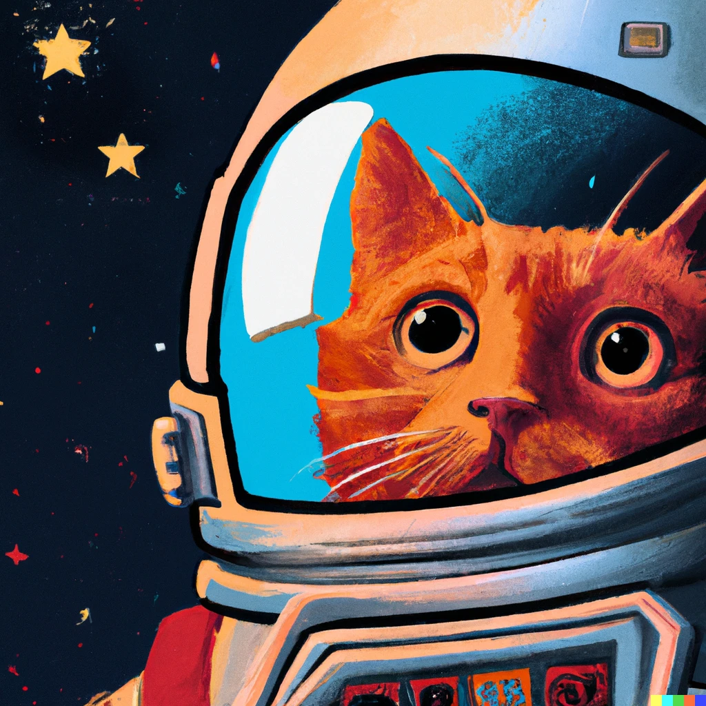 Prompt: An epic propagandistic poster of a ginger tabby cat in space wearing a cosmonaut suit with a red star on his helmet and looking to the stars with shinny eyes