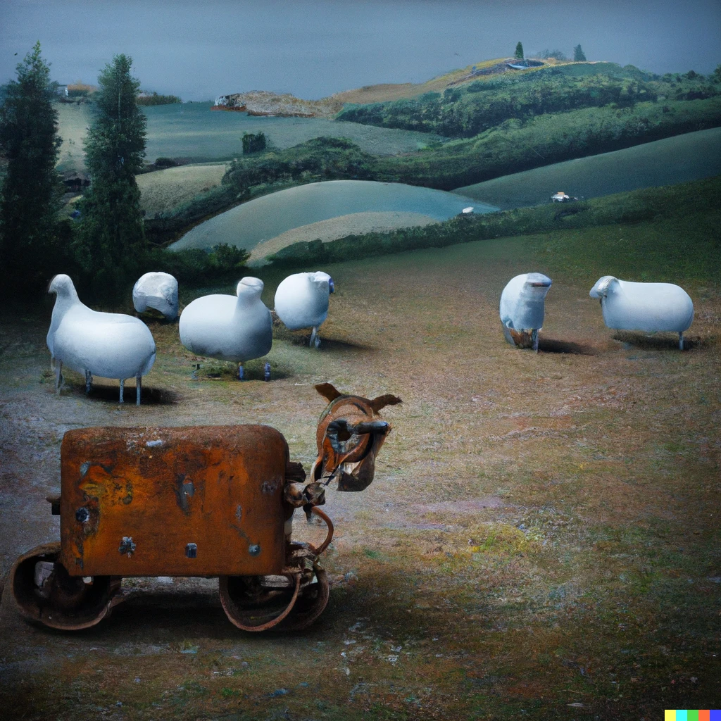 Prompt: A pastoral landscape scene in the style of Rembrandt with sheep, pastures, and a lonely rusty robot 
