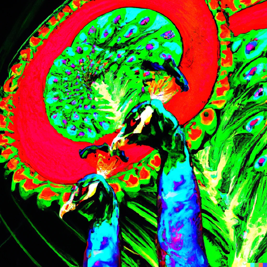 Prompt: hyper saturated digital art peacocks and Slinky