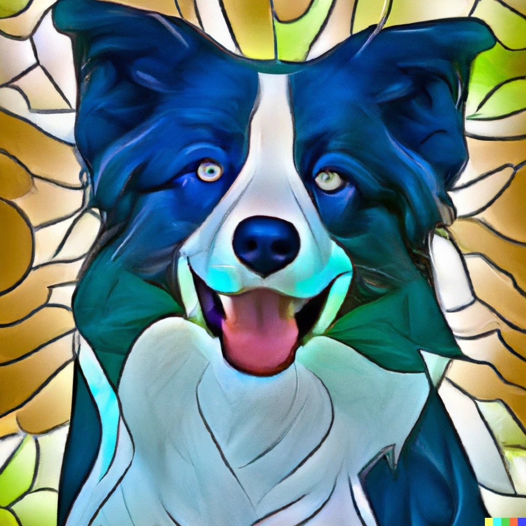 Prompt: A stained glass style image of the cutest border collie dog you have ever seen