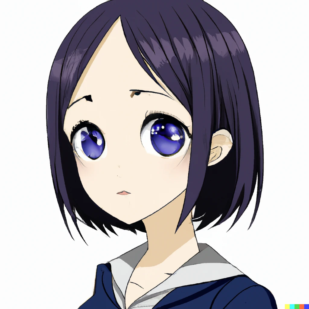 Prompt: Beautiful high school girl with a bob cut, long incisive eyes, well styled, dark blue hair, kyoani