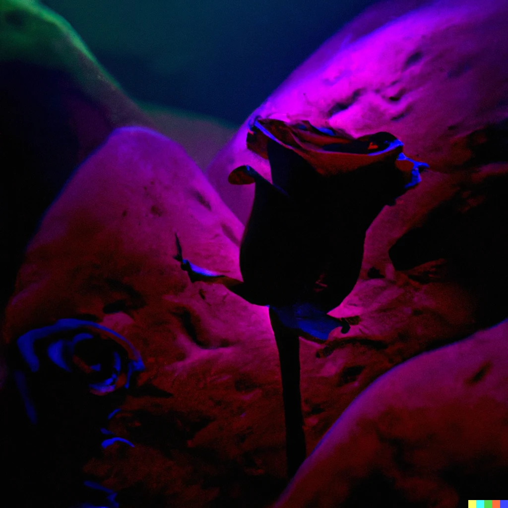 Prompt: A purple rose growing from the ocean floor with a red under glow.