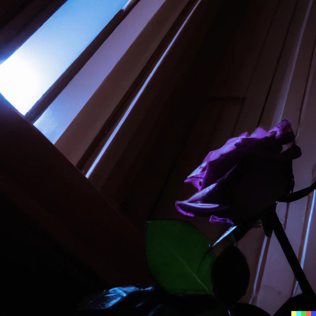 Prompt: A photo of a purple rose inside a wooden window sill being caressed by the light of the moon. 