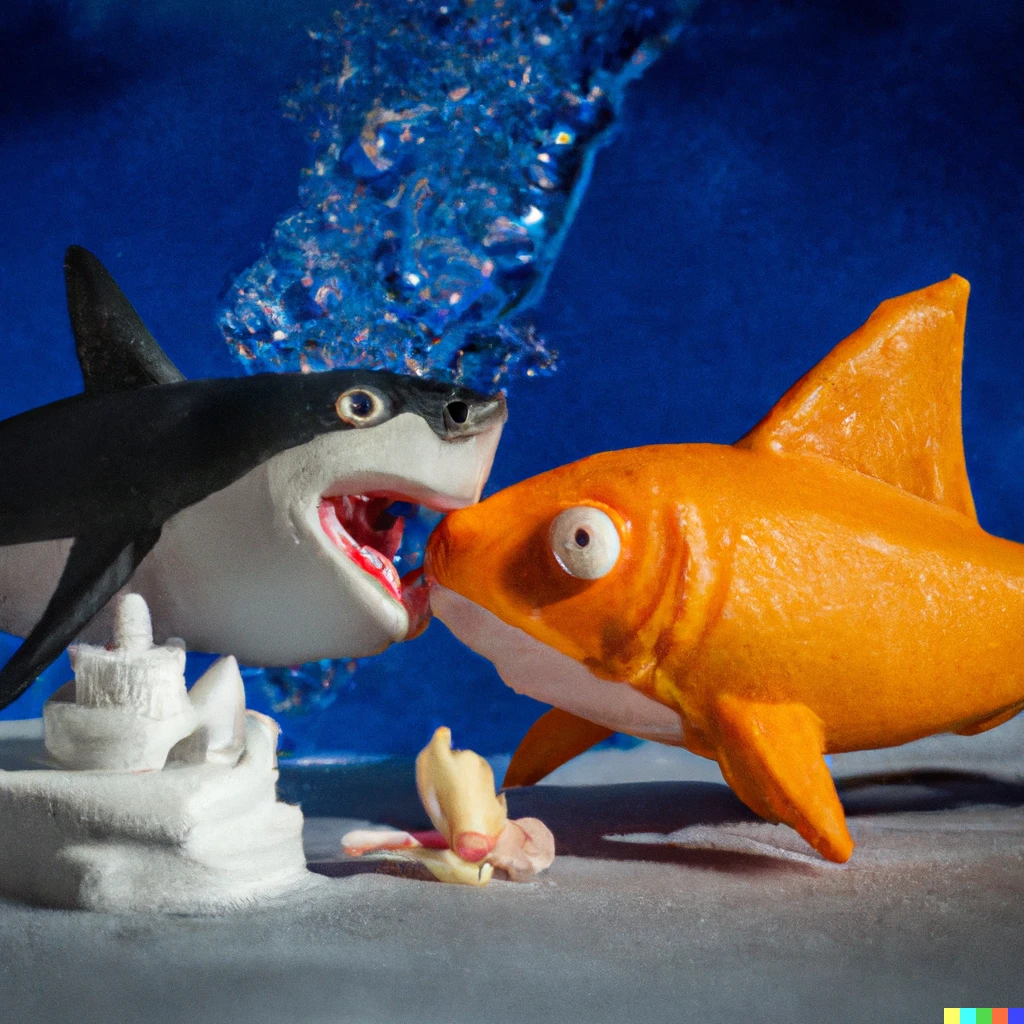 Prompt: A diorama of a marriage between a shark and a goldfish, tragic film