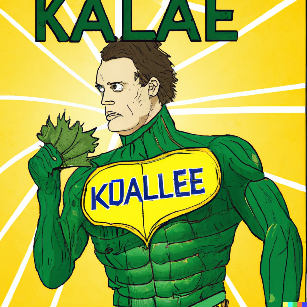 Prompt: Comic book cover of the vegan superhero "Kale Man"