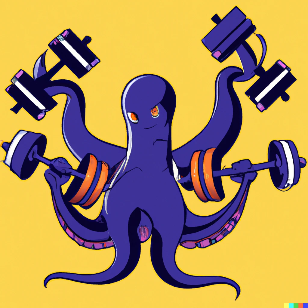 Prompt: Octopus lifting various dumbbells, Equinox gym advertisement 