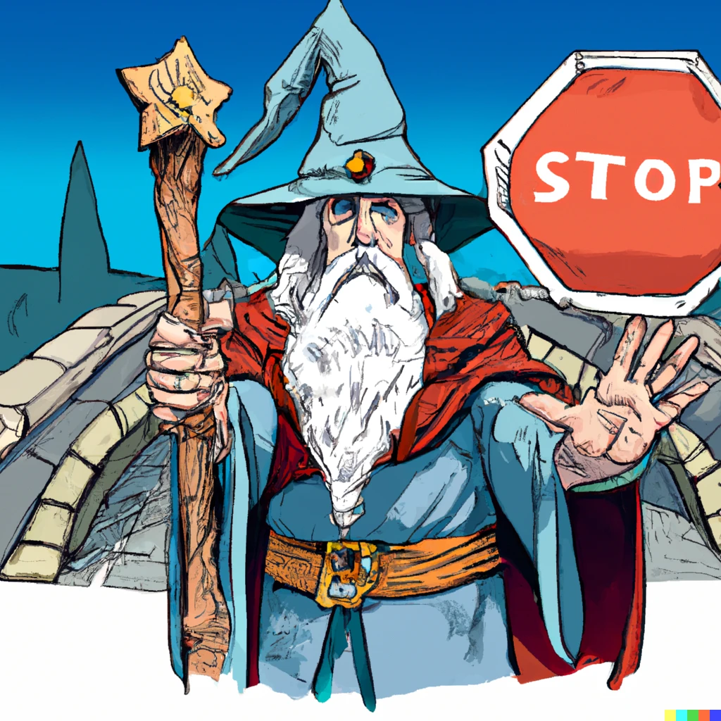 Prompt: Gandalf the wizard from LOTR holding a stop sign and sword. He is visibly angry. He is in front of a bridge. Political Cartoon style. 