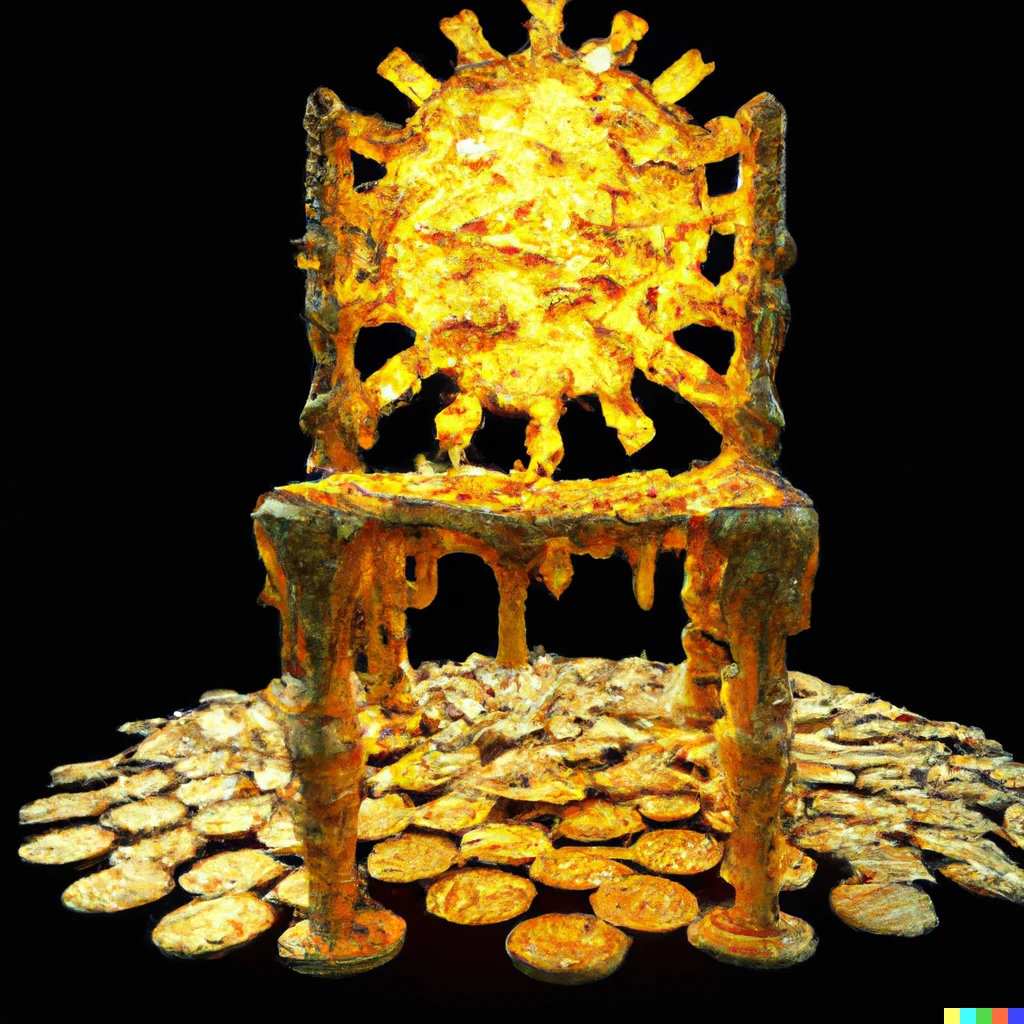 Prompt: A throne made of melted gold coins, stylized sun iconography 