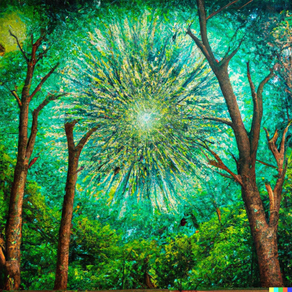 Prompt: Mural made of trees depicting the Big Bang 