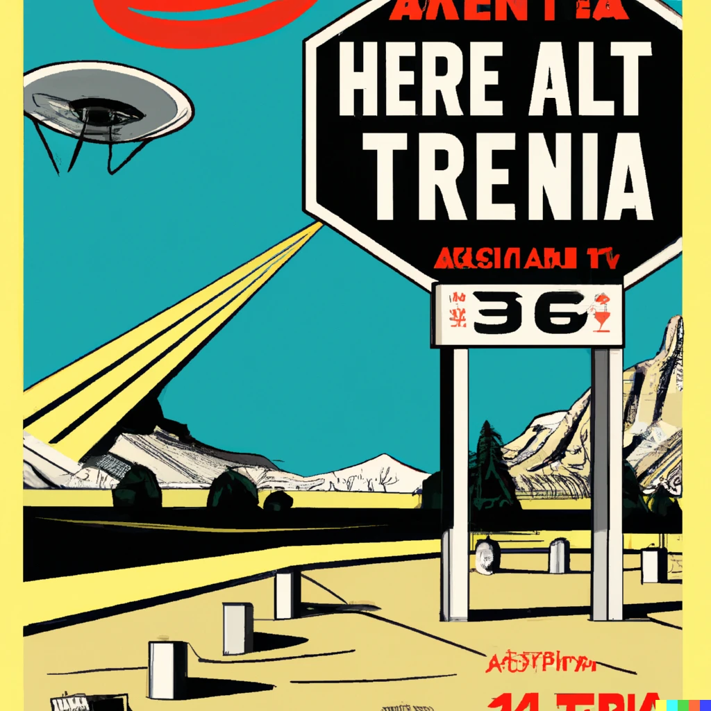 Prompt: Travel poster to Area 51, retro 50's style national park