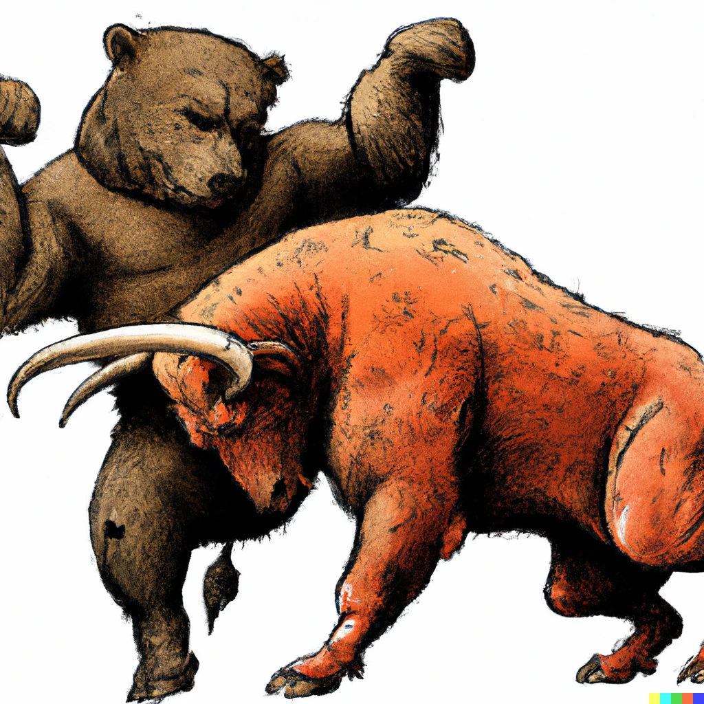 Prompt: A fantasy style drawing of a bull fighting a bear
