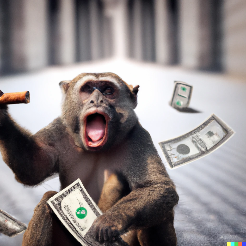Prompt: a photo of a monkey with a big cigar in its mouth and throwing dollar bills around. The background is Wall Street