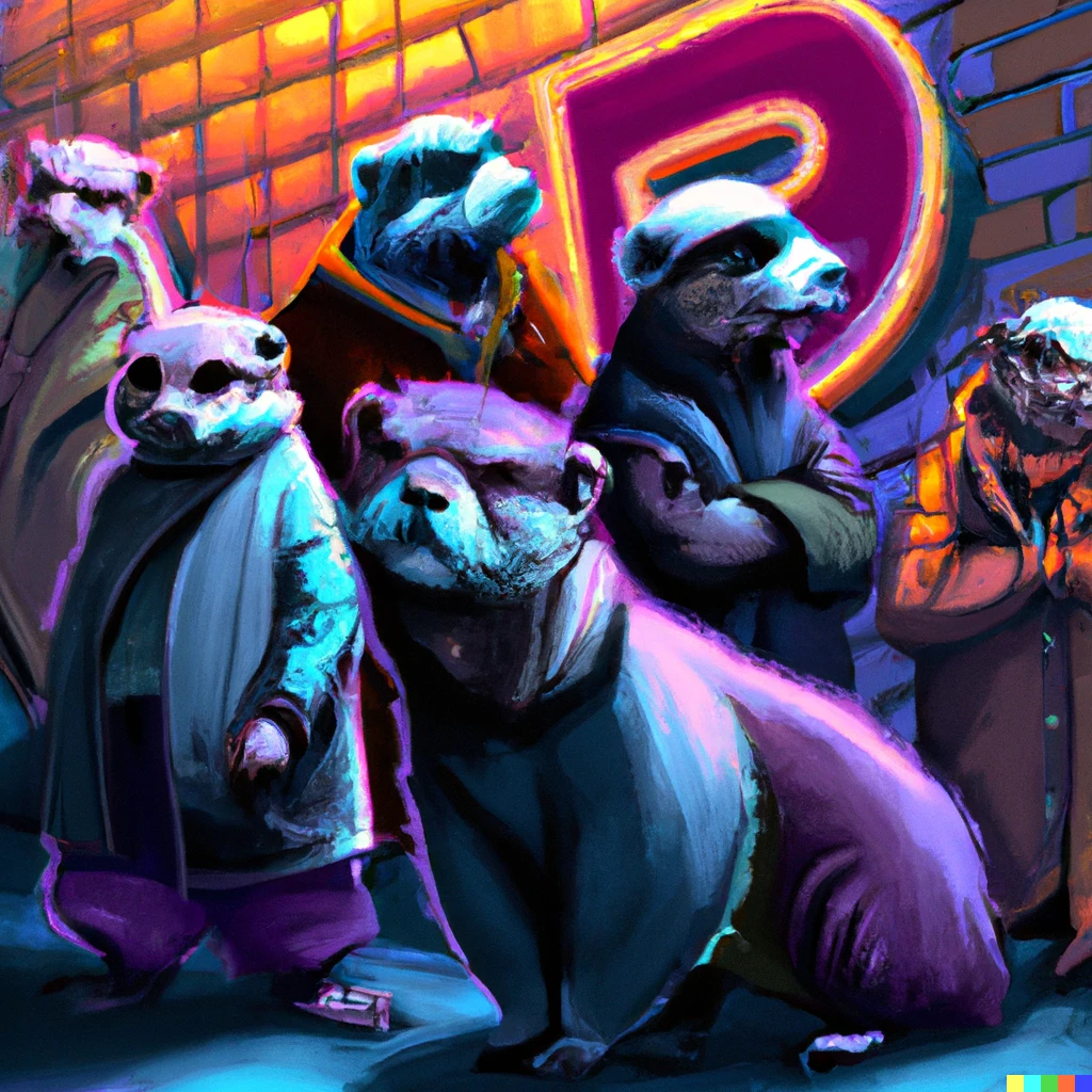 Prompt: a pack of otters dressed in rapper clothes painting grafitti on a brick wall, cyberpunk style