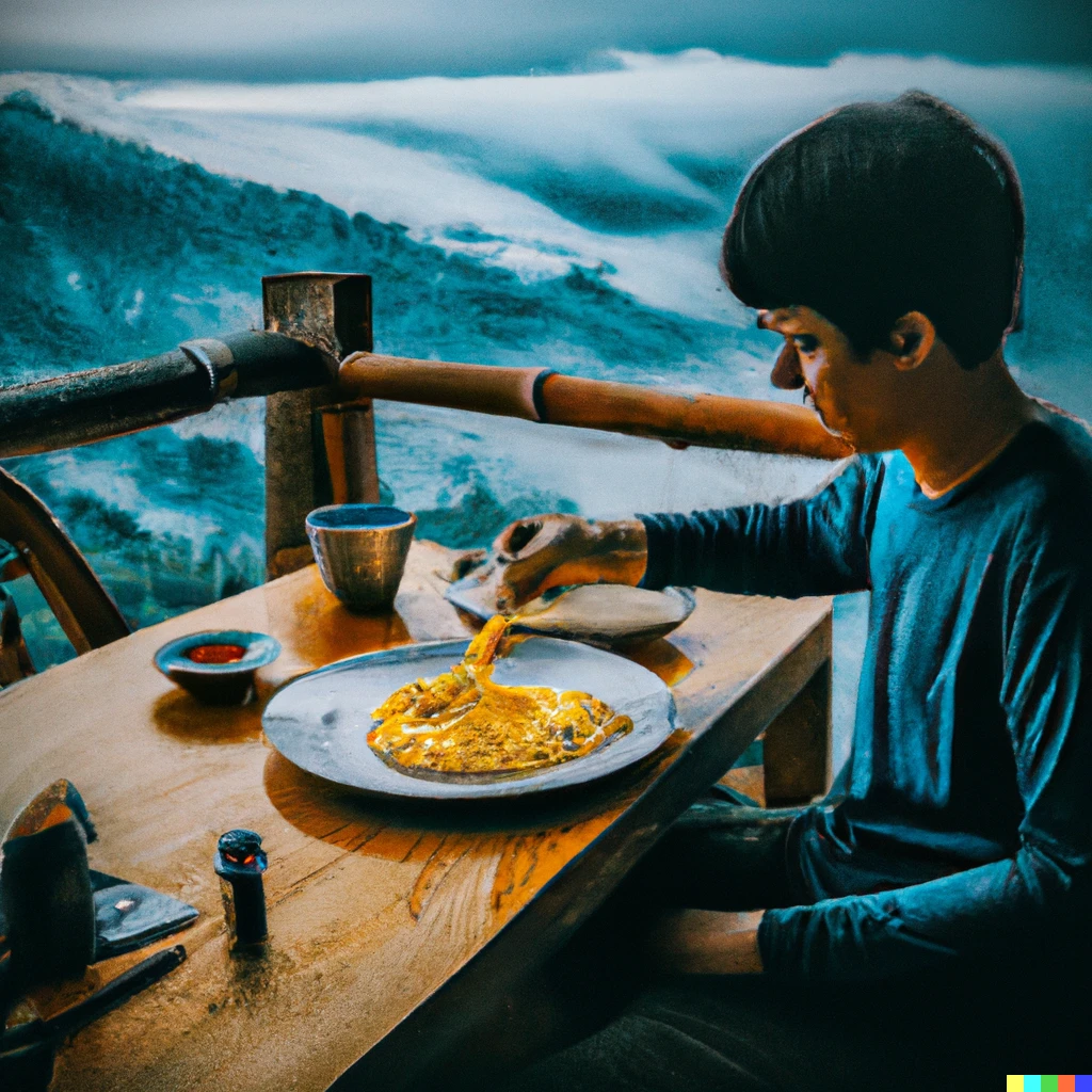 Prompt: A man eating a plate of indomie goreng with fried egg on foggy weather inside a cafe that is located on a mountain, digital art