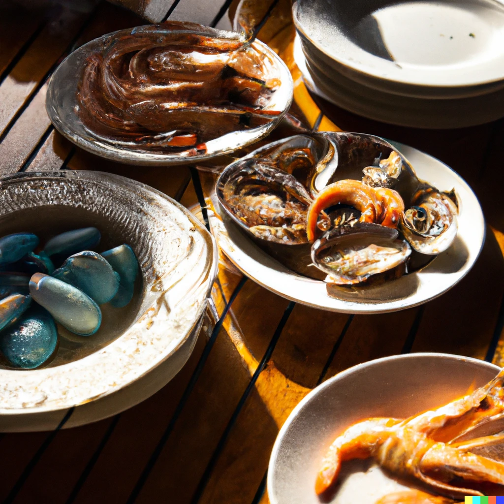 Prompt: The sun shining on chinese porcelains filled with seafood on the wooden table
