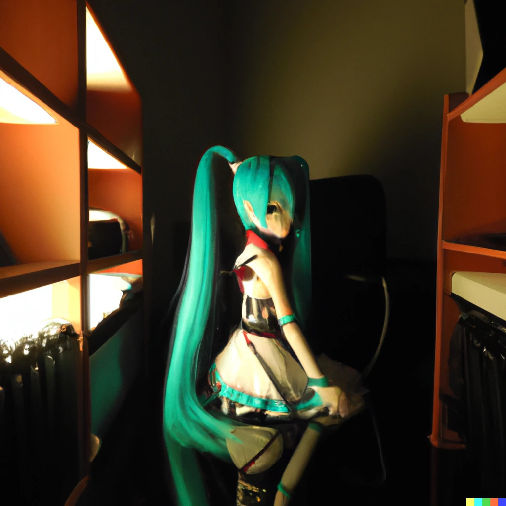 Prompt: hatsune miku in the backrooms