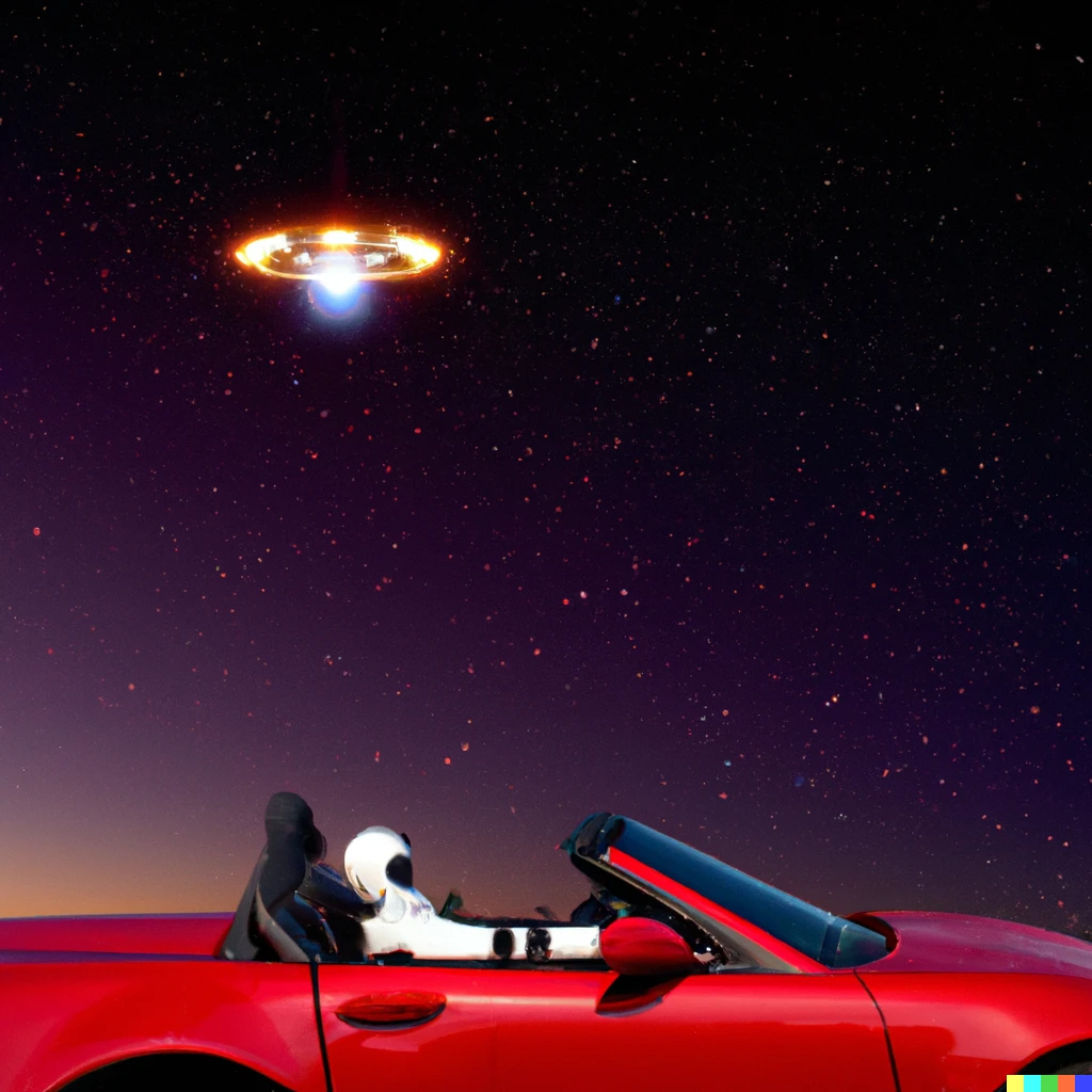 Prompt: a photo of The red tesla roadster convertible floating in space with an astronaut sitting in the driver seat being discovered by an alien craft
