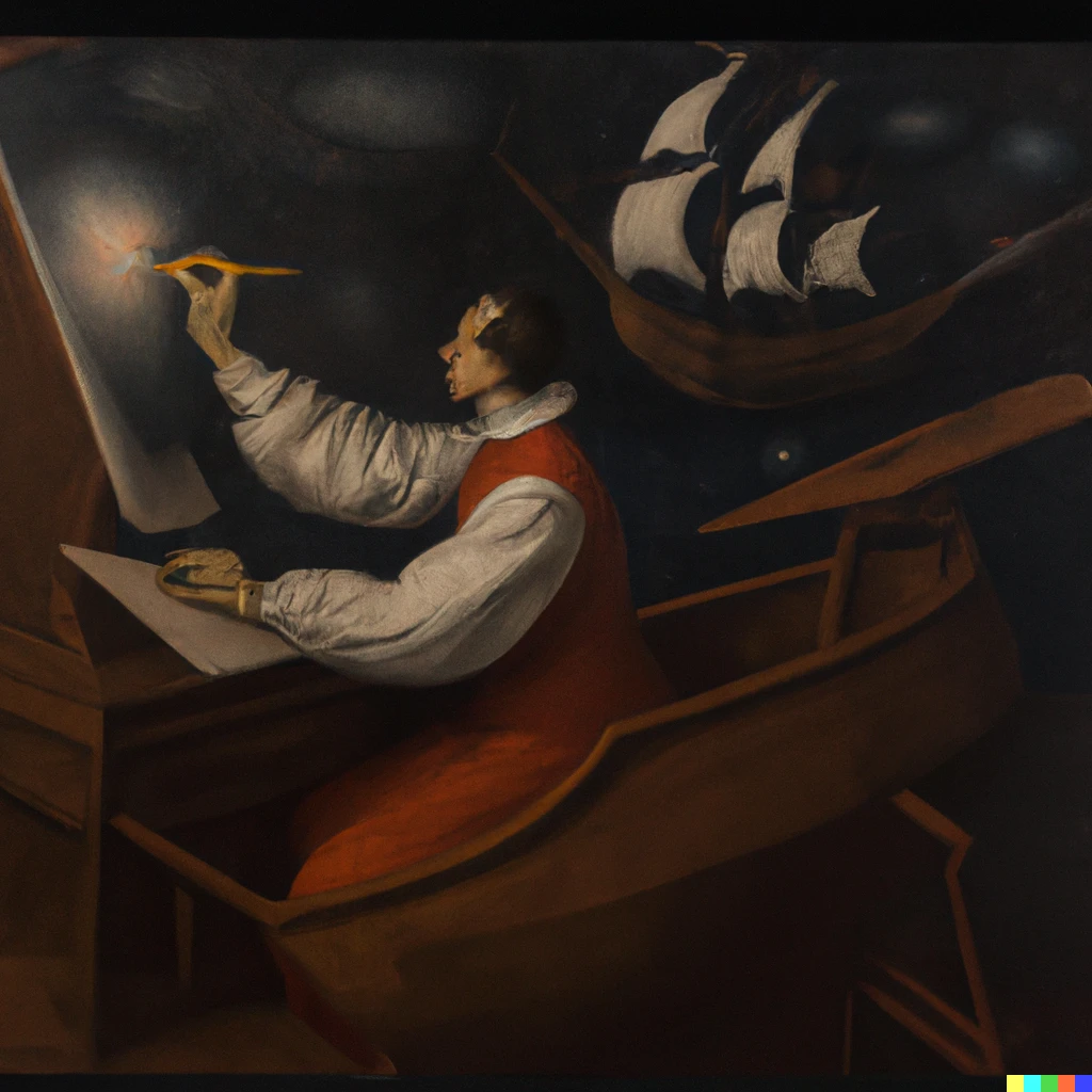 Prompt: a velasquez painting of a man drawing a space ship