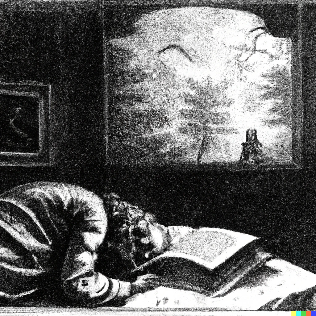 Prompt: A Gustave Doré gravure of DALL-E dreaming about forbidden drawing