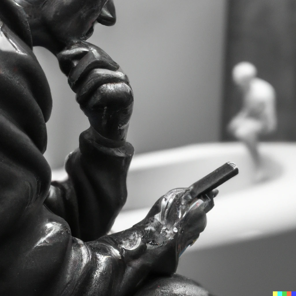 Prompt: A black and white pictures of a Alike Rodin sculpture le penseur of a man on his toiletts with a smart phone in his hands 