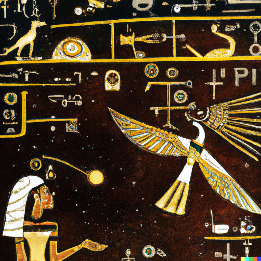 Prompt: un hieroglyphe egyptien racontant qu'un homme dessine un vaisseau spatial
