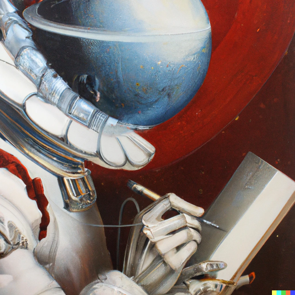 Prompt: Une peinture de Caravage représentant un homme dessinant un vaisseau spatial