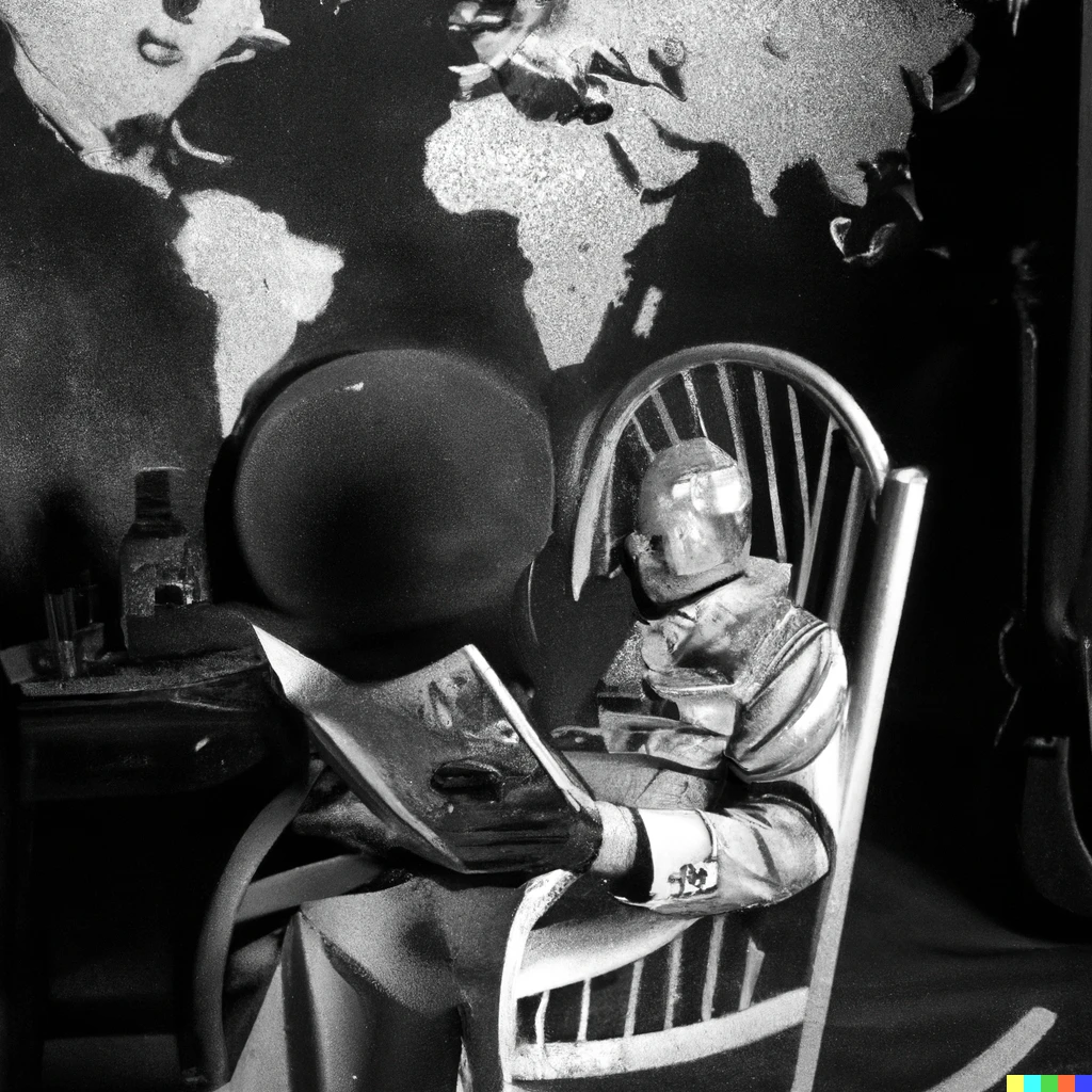 Prompt: Une photo noir et blanc du général de Gaulle lisant le journal le Monde dans un rocking chair sur la planète Mars