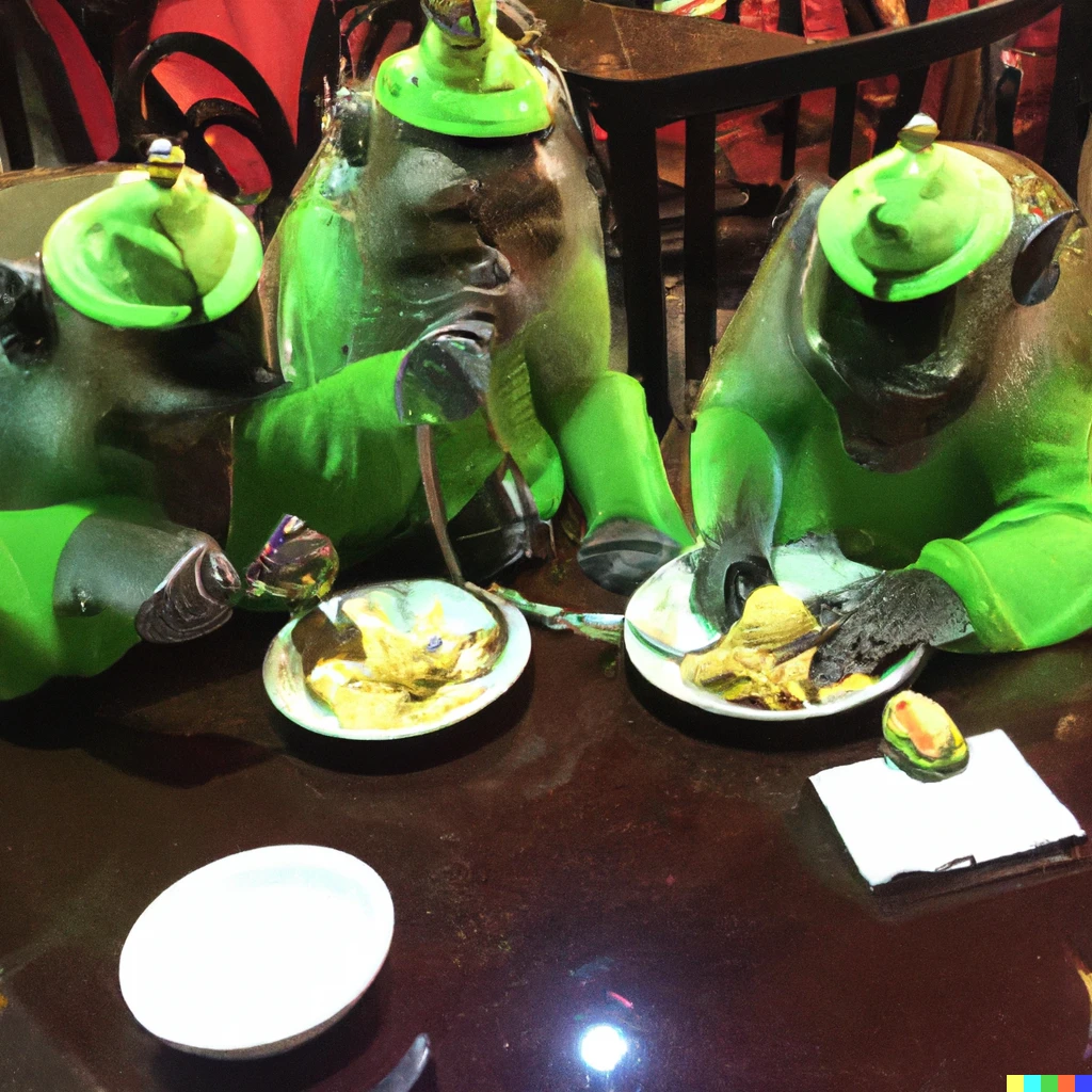 Prompt: Trois singes dans un restaurant mangeant un banana Split, ils sont habillés avec des costumes Dior vert